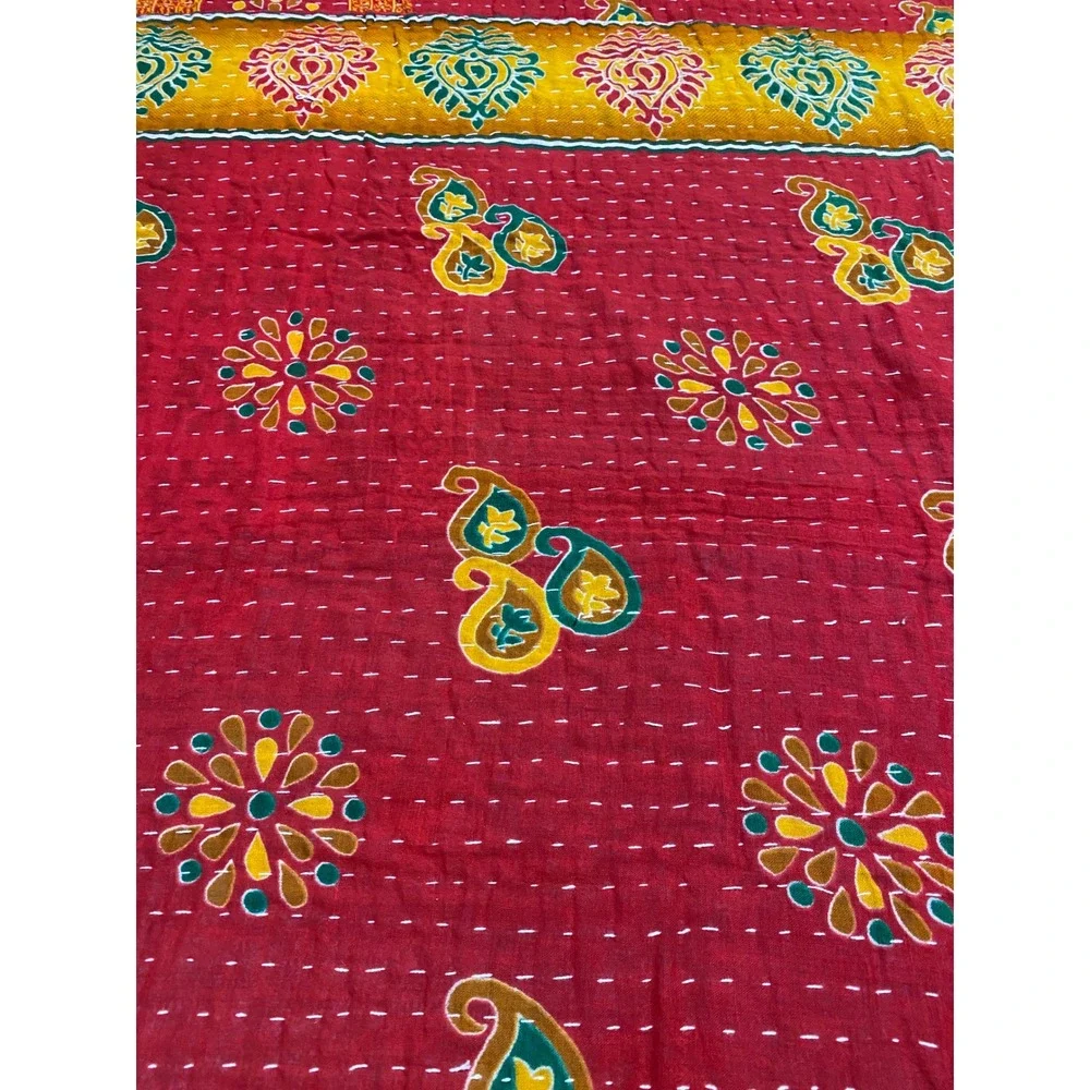 Handmade Indian Kantha Quilt Reversible Cotton Throw Blanket Red Yellow Paisley